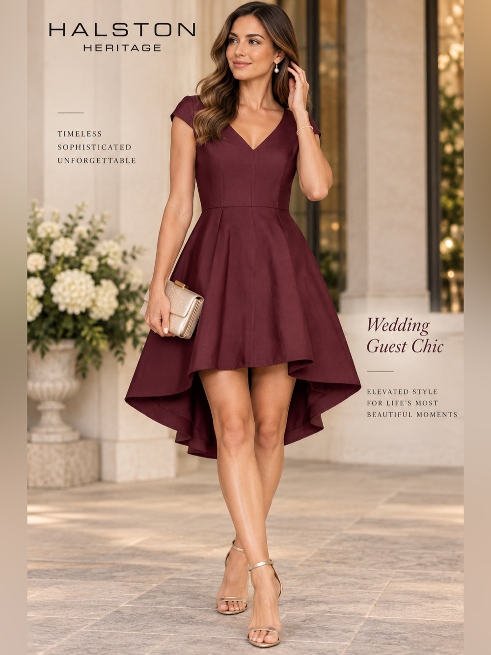 Halston Heritage High Low Cocktail Dress Size 6 Burgundy Wine $445 Fit Flare